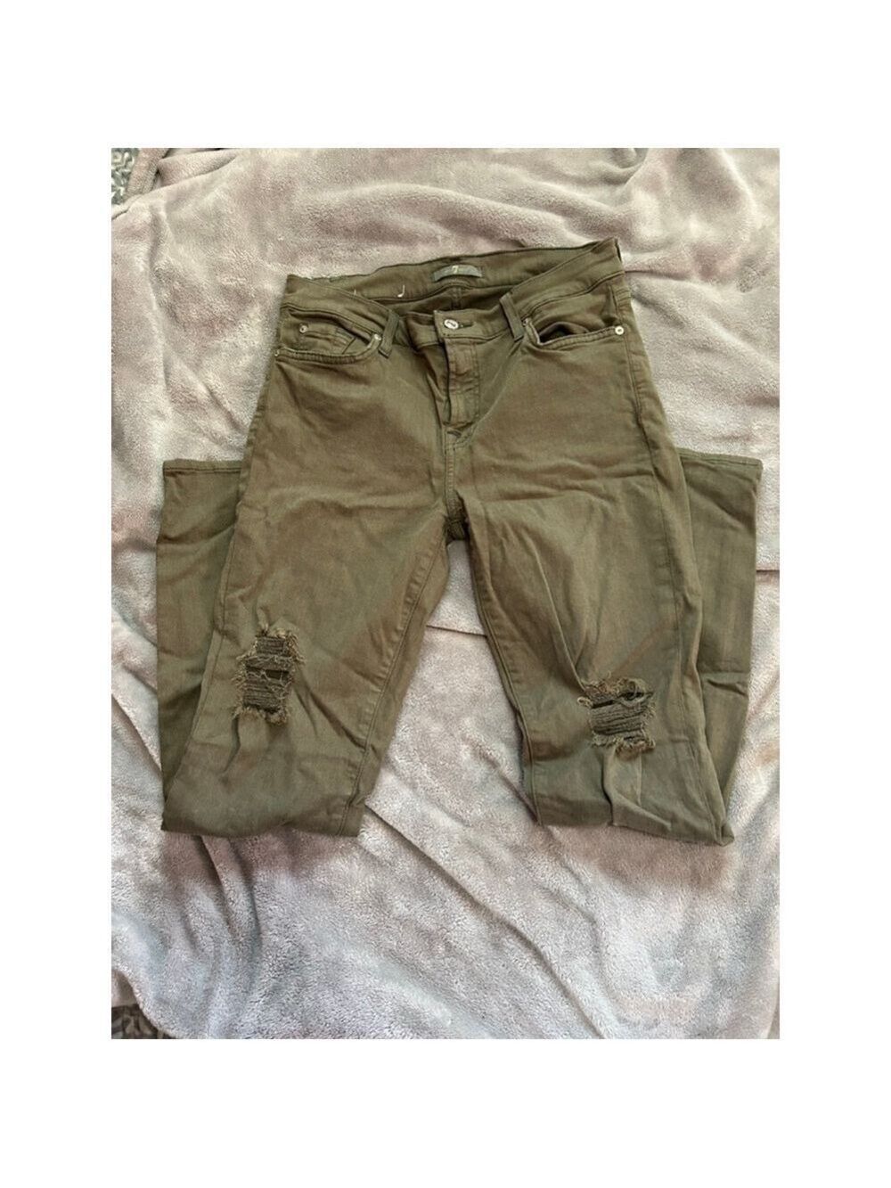 Women's 7 For All Mankind Skinny Jeans Size 29 Olive Green Distressed - Picture 4 of 5